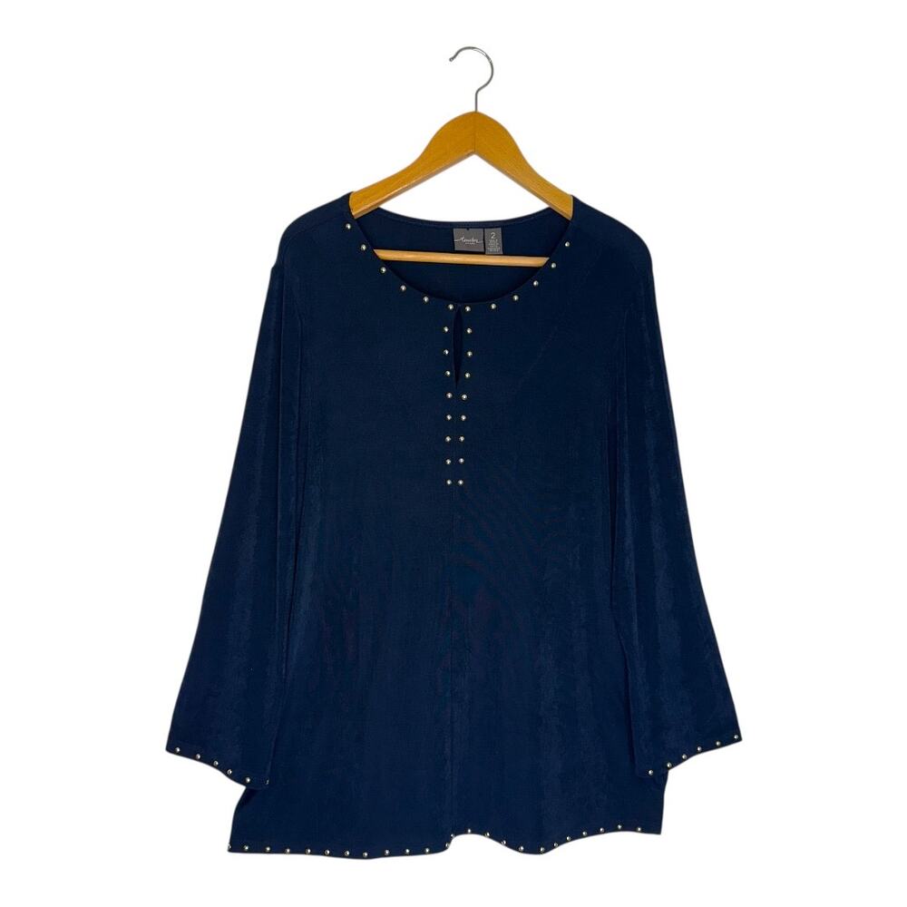 Travelers by Chico's Women's Studded Tunic Top Size 2 / L Navy Blue Acetate